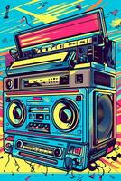 A retro-inspired poster , illustration of a boombox or cassette player with vibrant patterns and colors, symbolizing the music and fashion of the era. Generative AI photo