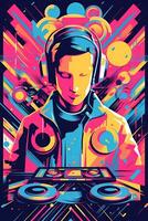 un de inspiración retro póster, vector ilustración de un DJ con tocadiscos y auriculares, rodeado por geométrico formas y vibrante colores, capturar el energía de Años 80 música cultura. generativo ai foto