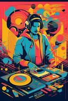 A retro-inspired poster, vector illustration of a DJ with turntables and headphones, surrounded by geometric shapes and vibrant colors, capturing the energy of 80s music culture. Generative AI photo