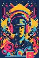 un de inspiración retro póster, vector ilustración de un DJ con tocadiscos y auriculares, rodeado por geométrico formas y vibrante colores, capturar el energía de Años 80 música cultura. generativo ai foto