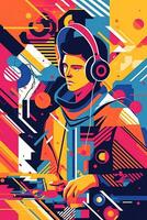 un de inspiración retro póster, vector ilustración de un DJ con tocadiscos y auriculares, rodeado por geométrico formas y vibrante colores, capturar el energía de Años 80 música cultura. generativo ai foto