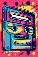 A retro-inspired poster vector illustration of a cassette tape with colorful abstract shapes and patterns, symbolizing the music of the 80s. Generative Ai photo