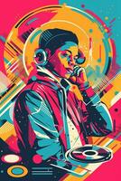 A retro-inspired poster, vector illustration of a DJ with turntables and headphones, surrounded by geometric shapes and vibrant colors, capturing the energy of 80s music culture. Generative AI photo