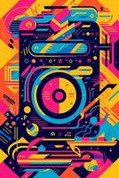 A retro-inspired poster vector illustration of a cassette tape with colorful abstract shapes and patterns, symbolizing the music of the 80s. Generative Ai photo
