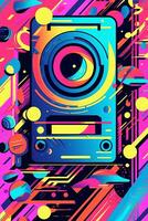 A retro-inspired poster vector illustration of a cassette tape with colorful abstract shapes and patterns, symbolizing the music of the 80s. Generative Ai photo