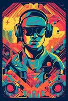 un de inspiración retro póster, vector ilustración de un DJ con tocadiscos y auriculares, rodeado por geométrico formas y vibrante colores, capturar el energía de Años 80 música cultura. generativo ai foto