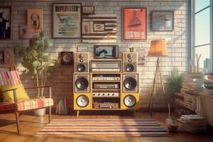 A retro living room setup with a hi-fi system consisting of a cassette player, equalizer, and speakers, surrounded by vintage posters and colorful decor. Generative AI photo