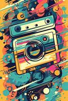 A retro-inspired poster vector illustration of a cassette tape with colorful abstract shapes and patterns, symbolizing the music of the 80s. Generative Ai photo