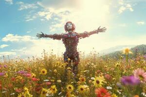 un robot mujer en pie en un campo de flores silvestres, con su brazos extendido a el cielo. generativo ai foto