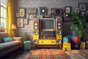 A retro living room setup with a hi-fi system consisting of a cassette player, equalizer, and speakers, surrounded by vintage posters and colorful decor. Generative AI photo