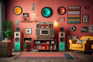 A retro living room setup with a hi-fi system consisting of a cassette player, equalizer, and speakers, surrounded by vintage posters and colorful decor. Generative AI photo