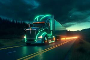 A self-driving truck depicted as a guardian of the road, with a majestic presence and a glowing aura. The image represents the power and reliability of autonomous trucking technology. Generative AI photo