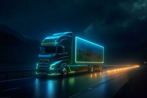 A self-driving truck depicted as a guardian of the road, with a majestic presence and a glowing aura. The image represents the power and reliability of autonomous trucking technology. Generative AI photo