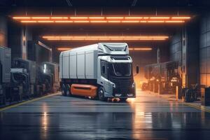 A self-driving truck showcased in a futuristic loading dock, with robotic arms and advanced logistics systems. Concept the automation and precision offered by self-driving trucks. Generative AI photo