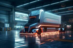 A self-driving truck showcased in a futuristic loading dock, with robotic arms and advanced logistics systems. Concept the automation and precision offered by self-driving trucks. Generative AI photo