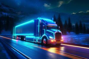 A self-driving truck depicted as a guardian of the road, with a majestic presence and a glowing aura. The image represents the power and reliability of autonomous trucking technology. Generative AI photo