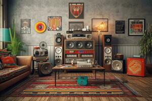 A retro living room setup with a hi-fi system consisting of a cassette player, equalizer, and speakers, surrounded by vintage posters and colorful decor. Generative AI photo