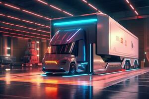 A self-driving truck showcased in a futuristic loading dock, with robotic arms and advanced logistics systems. Concept the automation and precision offered by self-driving trucks. Generative AI photo