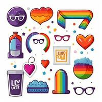 un conjunto de pegatinas, un lgbtq icono colocar. símbolos asociado con orgullo mes en lgbt bandera colores. labios, mano participación un corazón, banderas, paraguas, anteojos, letras, arcoíris. vector. generativo ai foto