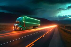 A self-driving truck depicted as a guardian of the road, with a majestic presence and a glowing aura. The image represents the power and reliability of autonomous trucking technology. Generative AI photo