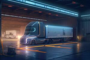 A self-driving truck showcased in a futuristic loading dock, with robotic arms and advanced logistics systems. Concept the automation and precision offered by self-driving trucks. Generative AI photo