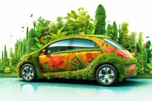 un autoconducción coche fusionado con elementos de naturaleza, tal como hojas, flores, y vides concepto armonía Entre tecnología y el ambiente, Respetuoso del medio ambiente transporte. generativo ai foto