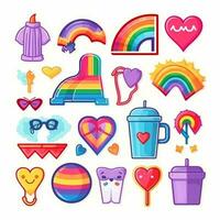 un conjunto de pegatinas, un lgbtq icono colocar. símbolos asociado con orgullo mes en lgbt bandera colores. labios, mano participación un corazón, banderas, paraguas, anteojos, letras, arcoíris. vector. generativo ai foto