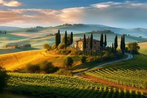 A serene image of the Tuscan countryside, with rolling hills, vineyards, and cypress trees, depicting the tranquility and beauty of the region. Generative Ai photo