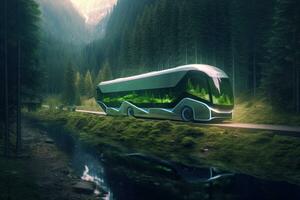 A self-driving truck merged with elements of nature, such as mountains, rivers, and forests. Concept harmony between technology and the environment. Generative AI photo