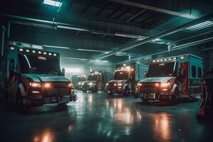 A shot of a fleet of ambulances in a garage or lot, showcasing the size and scope of an emergency medical service company. Generative AI photo