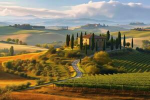 A serene image of the Tuscan countryside, with rolling hills, vineyards, and cypress trees, depicting the tranquility and beauty of the region. Generative Ai photo