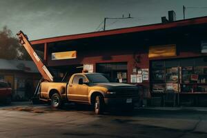 A shot of a tow truck operator delivering a vehicle to an auto repair shop, showcasing the seamless transition from towing to repair services. Generative AI. photo