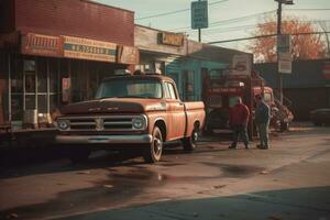 A shot of a tow truck operator delivering a vehicle to an auto repair shop, showcasing the seamless transition from towing to repair services. Generative AI. photo