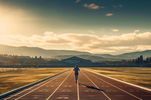A shot of a person running on a track , with a clear view of their stride and the surroundings. Generative AI photo