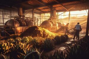 A shot of a tequila distillery in Mexico, with workers tending to the agave plants and stills, emphasizing the traditional and artisanal nature of the product. Generative AI photo