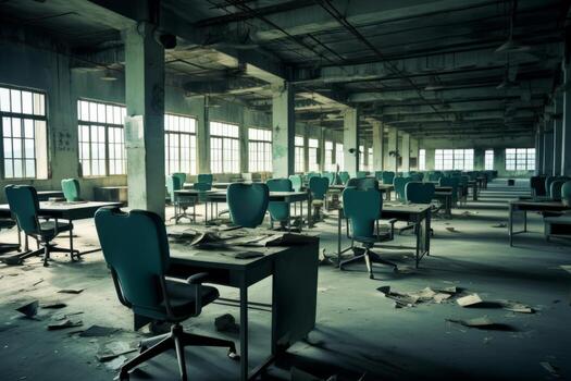 A shot of an office or factory with empty desks, showcasing the impact of the crisis on employment and job security. Generative AI photo