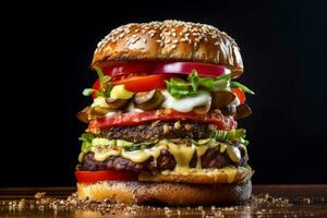 A side view of a Portobello mushroom burger on a sesame seed bun, with layers of condiments and toppings neatly arranged, emphasizing its gourmet presentation. Generative AI photo