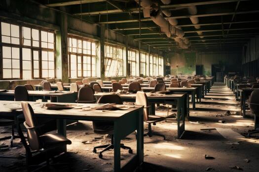 A shot of an office or factory with empty desks, showcasing the impact of the crisis on employment and job security. Generative AI photo