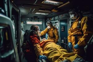 un Disparo de paramédicos Proporcionar médico cuidado a un paciente dentro un ambulancia, exhibiendo el profesionalismo y pericia de médico personal. generativo ai foto