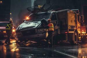 un remolcar camión operador quitando un dañado vehículo desde un accidente escena, exhibiendo el importancia de remolcar camiones en emergencia situaciones generativo ai. foto