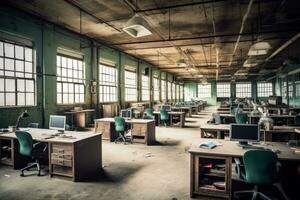 A shot of an office or factory with empty desks, showcasing the impact of the crisis on employment and job security. Generative AI photo