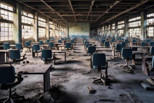 A shot of an office or factory with empty desks, showcasing the impact of the crisis on employment and job security. Generative AI photo
