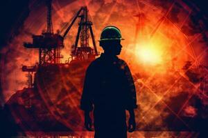 A silhouette of a worker in a hard hat standing in front of an oil rig, overlaid with an image of a globe, symbolizing the global impact of the oil and gas industry. Double Exposure. Generative AI photo