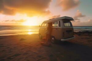 Van on the beach in Hawaii. A young woman sitting inside of it watching the sunset peacefully. Generative Ai photo