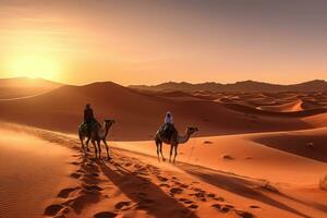 A stunning desert landscape image featuring the golden dunes of the nearby Sahara Desert, with a camel caravan in the distance, evoking the sense of adventure and exploration. Generative Ai photo