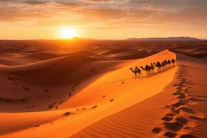 A stunning desert landscape image featuring the golden dunes of the nearby Sahara Desert, with a camel caravan in the distance, evoking the sense of adventure and exploration. Generative Ai photo