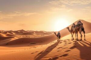 A stunning desert landscape image featuring the golden dunes of the nearby Sahara Desert, with a camel caravan in the distance, evoking the sense of adventure and exploration. Generative Ai photo