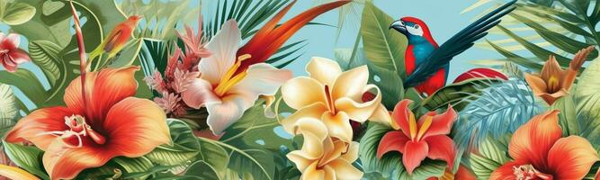 A stylized banner featuring an illustration of a tropical paradise, with exotic flowers such as orchids, hibiscus, and bird of paradise, surrounded by lush greenery. Generative AI photo