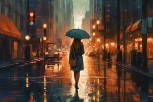 Oil painting on canvas, of a stylish woman with an umbrella wearing a fashionable raincoat and boots walking down a wet city street with reflections of buildings and streetlights. Generative Ai photo