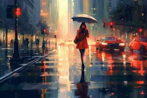 Oil painting on canvas, of a stylish woman with an umbrella wearing a fashionable raincoat and boots walking down a wet city street with reflections of buildings and streetlights. Generative Ai photo